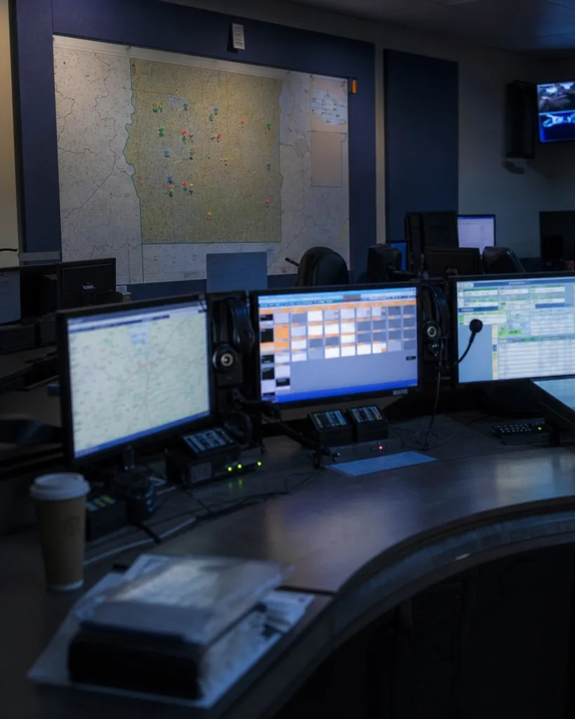 Empty 911 dispatch center consoles with multiple monitors, headsets on hooks and a wall map in dim blue light