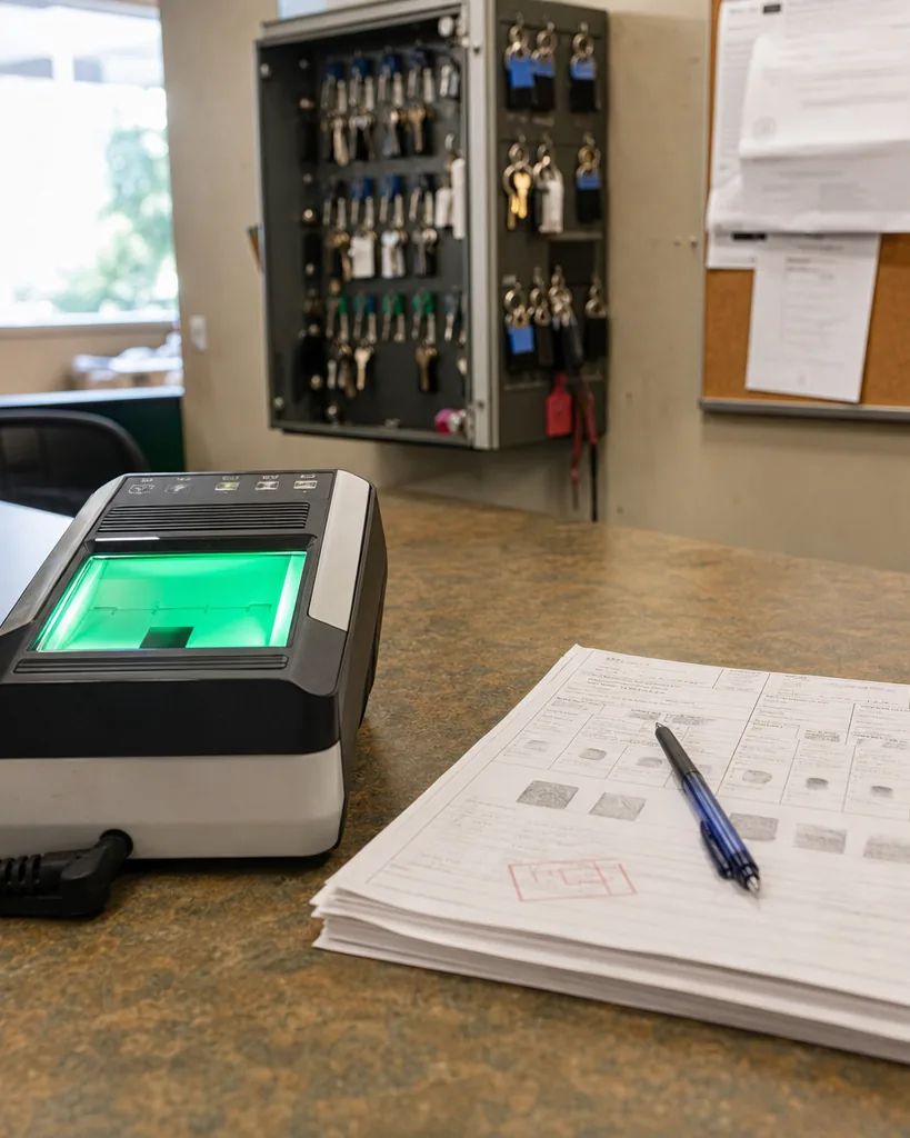 Live-scan fingerprint station on the counter of a county sheriff's records office, with printed background check forms beside it